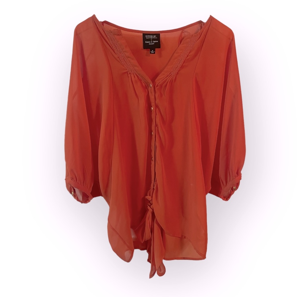 3/15 💚 Romeo & Juliet Couture V-neck Button Up Front Tie Batwing Sleeve Coral